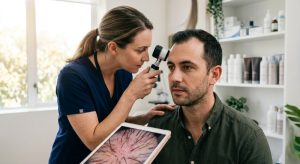 Trichologist examining a patient's scalp with a dermatoscope during a consultation at HDA Clinic