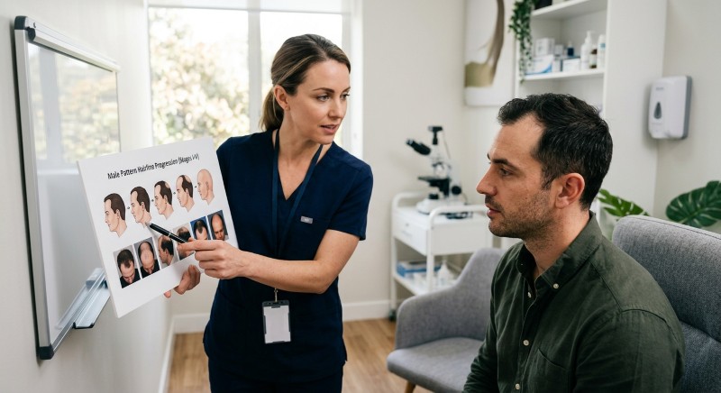 Trichologist pointing to a hairline progression chart during a consultation at HDA Clinic