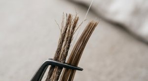 Close-up of a hair strand examination showing signs of unhealthy hair